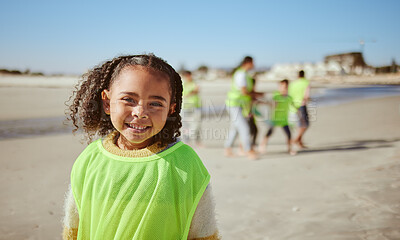 Buy stock photo Young girl, beach cleaning and environment portrait with climate change and recycling, volunteer vest and kid clean outdoor. Face, smile and youth with sustainability, waste with pollution and mockup