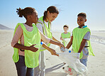 Children, beach and plastic recycling teamwork for pollution ecology and environmental change collaboration. Eco friendly team, diversity and ocean garbage recycle together for community cleaning
