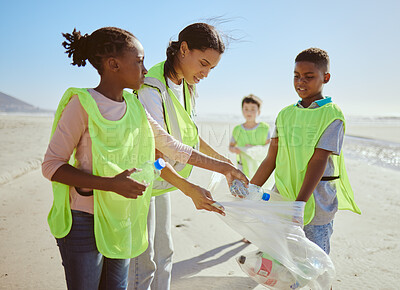 Buy stock photo Children, beach and plastic recycling teamwork for pollution ecology and environmental change collaboration. Eco friendly team, diversity and ocean garbage recycle together for community cleaning