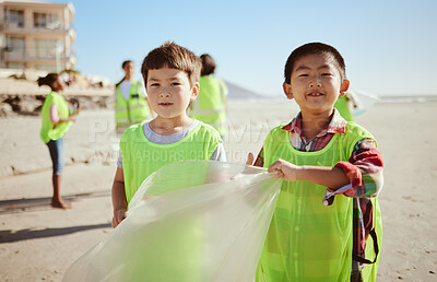 Buy stock photo Children, portrait or trash collection bag in beach waste management, ocean cleanup or sea community service. Happy kids, climate change or cleaning volunteering plastic for nature recycling bonding
