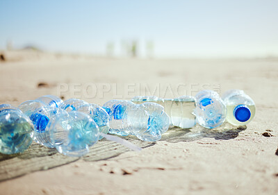 Buy stock photo Plastic bottles, beach sand or litter in recycling volunteering, global warming sustainability or earth community service. Zoom, trash texture or ocean waste management in environment nature cleaning