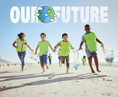 Buy stock photo Running children, climate change or beach clean up in ocean waste management, sea recycling or nature sustainability. Smile, happy or fun kids in global warming teamwork or community service activity
