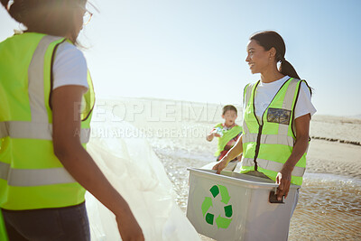 Buy stock photo Recycling, youth collaboration and beach cleaning for environmental sustainability, volunteer teamwork and global sustainability. Garbage recycle project, eco friendly team and action for ocean waste