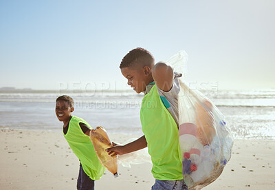 Buy stock photo Children, beach and pollution with friends cleaning plastic or litter from the sand by the sea or ocean. Nature, recycle and environment with volunteer kids picking up trash, waste or garbage