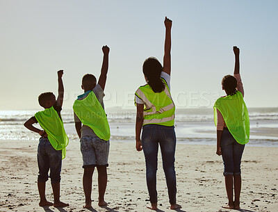 Buy stock photo Back, activist and volunteer with friends on the beach for the conservation of the environment or sustainability. Charity, motivation and teamwork with a friend group cleaning or recycling for earth