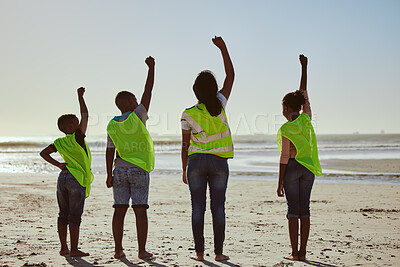 Buy stock photo Teamwork, recycle and hands of volunteer at the beach for cleaning, recycling and earth day. Community, charity and support with fist of people for environment, eco friendly and sustainability change