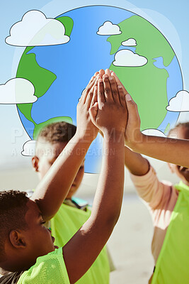 Buy stock photo Earth, hands and high five by volunteer children collaboration to support teamwork, help and community. Hand, friends and kids connect in change, world and partnership for environment, planet or goal