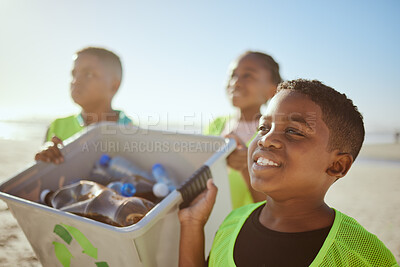 Buy stock photo Recycle, boy and cleaning beach for sustainability, environment and awareness. Male child, volunteer and kids seaside for cleanup, plastic collection and eco friendly for pollution and global warming