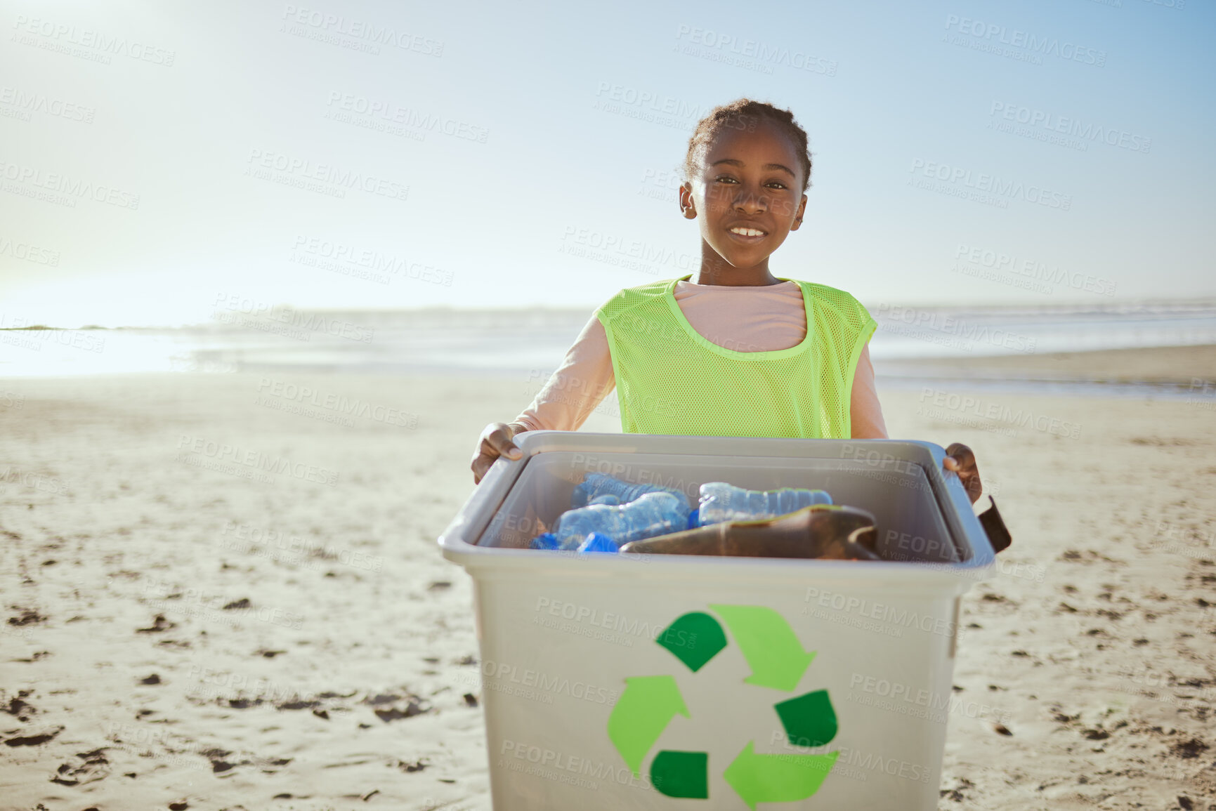 Buy stock photo Recycle bin, beach and girl kid, cleaning environment with climate change and sustainability volunteer mockup. Eco friendly activism, clean Earth and nature with child outdoor, recycling and bottle