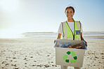Recycle, plastic and woman cleaning beach for sustainability, green environment and eco friendly world with happy volunteering portrait. Box, bottle and black woman at sea for pollution or earth day