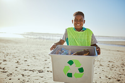 Buy stock photo Child, portrait and recycling, clean beach with box and plastic bottle, environment and climate change with nature sustainability. Eco friendly recycle activism, cleaning Earth and volunteer mockup