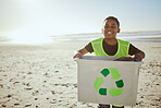 Recycling, beach clean and child in portrait, environment and climate change with sustainability and volunteer mockup. Eco friendly activism, cleaning Earth and nature with kid outdoor to recycle