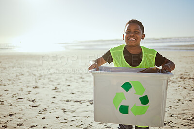 Buy stock photo Recycling, beach clean and child in portrait, environment and climate change with sustainability and volunteer mockup. Eco friendly activism, cleaning Earth and nature with kid outdoor to recycle