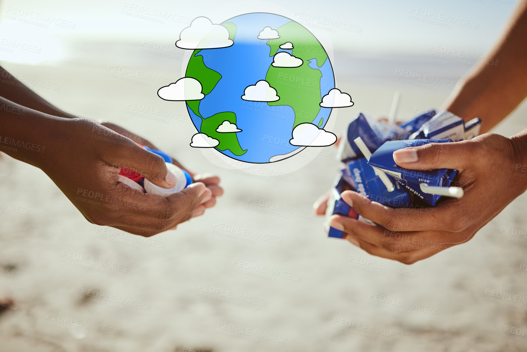Buy stock photo Hands, global warming control or pollution waste management on beach clean up for climate change or environment sustainability. Zoom, cleaning people help or holding plastic garbage for sea recycling