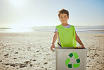 Recycling, beach cleaning and child in portrait, environment and climate change with sustainability and volunteer mockup. Eco friendly activism, clean Earth and nature with kid outdoor to recycle