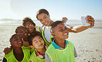 People, phone and selfie for eco friendly environment with smile at the beach for recycling in nature. Happy woman with kids smiling for photo by the sandy ocean looking at smartphone with vests