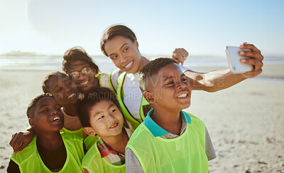 Buy stock photo People, phone and selfie for eco friendly environment with smile at the beach for recycling in nature. Happy woman with kids smiling for photo by the sandy ocean looking at smartphone with vests