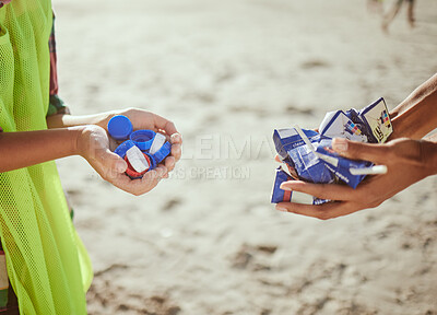 Buy stock photo Cleaning, plastic and hands of volunteer at beach for recycle, environment or earth day. Recycling, sustainability and  climate change with charity team and trash for pollution, eco friendly and help