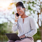 Black woman, laptop and phone call outdoor for business conversation, creative planning and morning strategy management. African girl, digital tech communication and corporate call in nature park