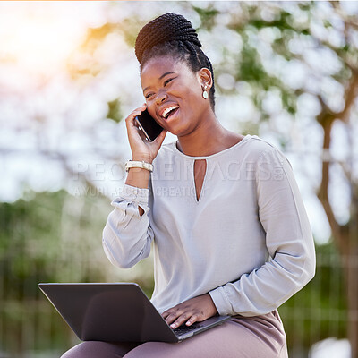 Buy stock photo Black woman, laptop and phone call outdoor for business conversation, creative planning and morning strategy management. African girl, digital tech communication and corporate call in nature park