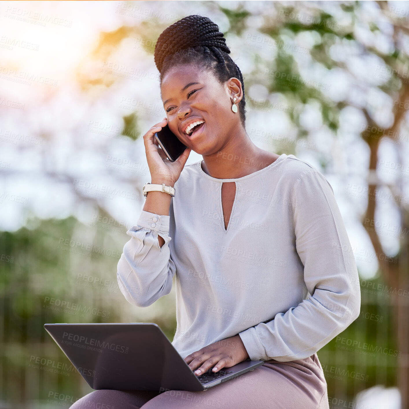 Buy stock photo Black woman, laptop and phone call outdoor for business conversation, creative planning and morning strategy management. African girl, digital tech communication and corporate call in nature park