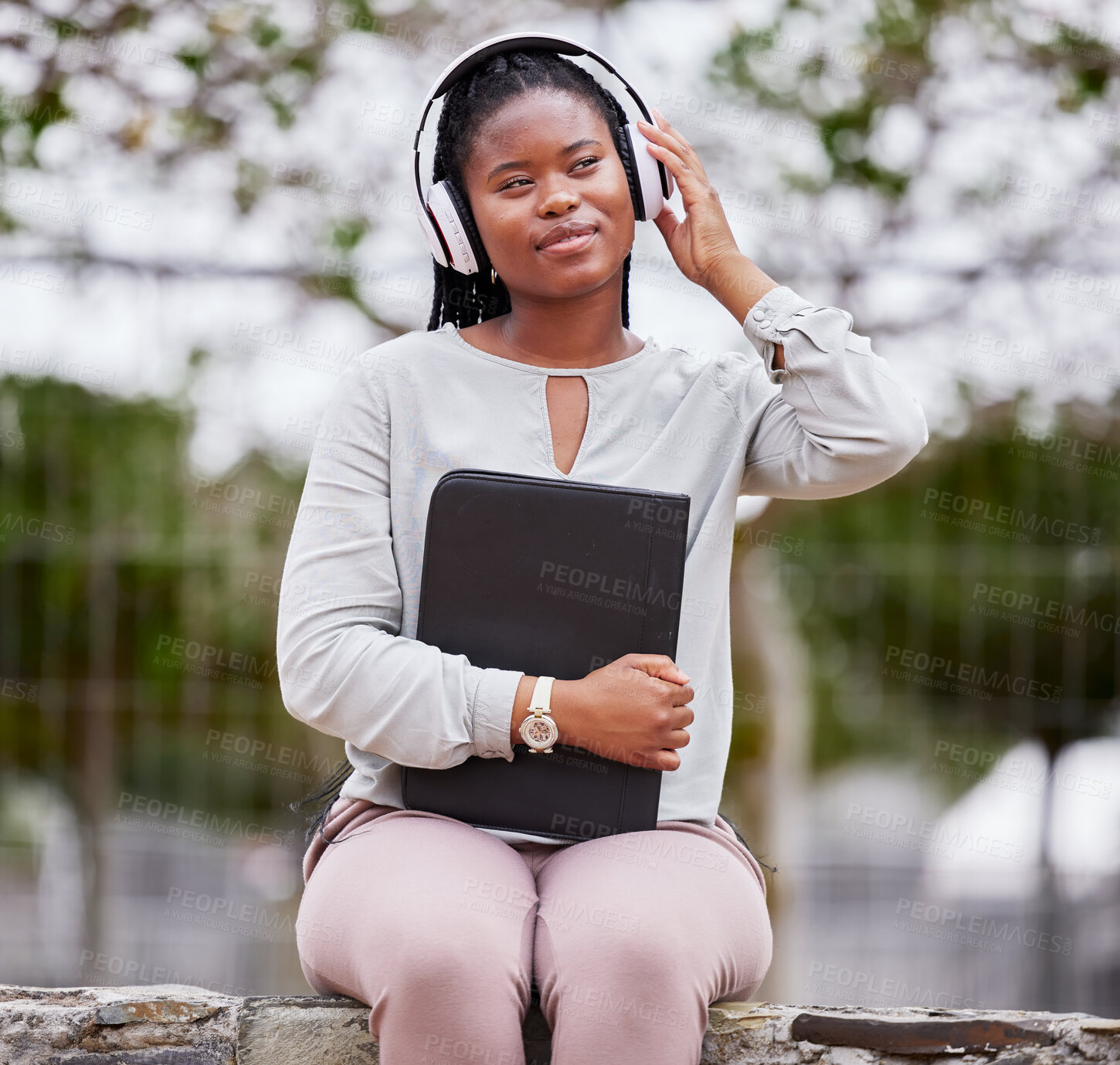 Buy stock photo Headphones, black woman and outdoor for peace, happiness and audio with young student calm in park. African American female, lady or girl with folder, headset for podcast or streaming music in nature