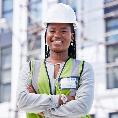 Buy stock photo Architecture, project management and portrait of black woman at construction site for civil engineering, designer and building inspection. Industrial, vision and goal with construction worker 
