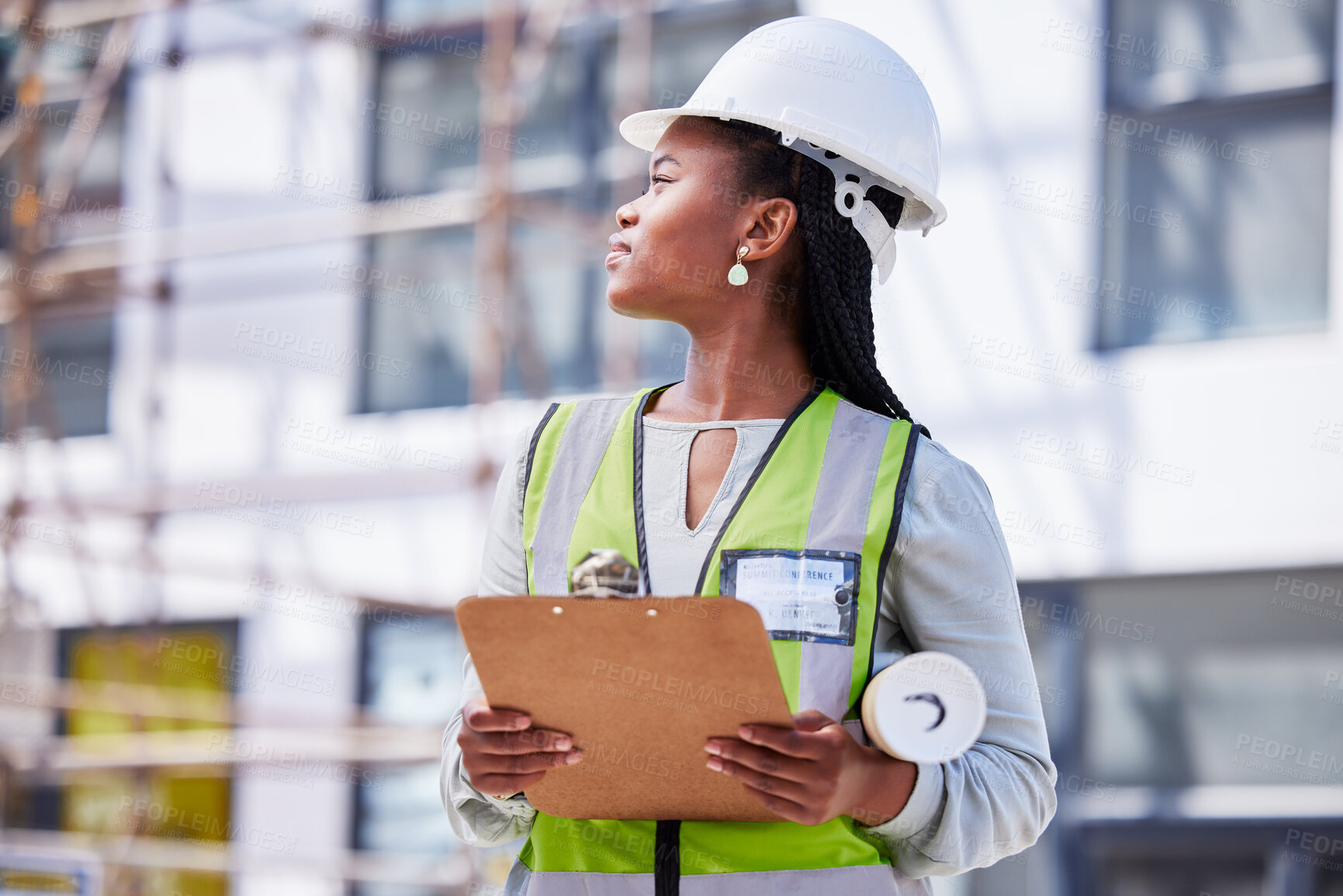 Buy stock photo Architecture, checklist and project management with black woman at construction site for civil engineering, designer and building inspection. Industrial, vision and planning with construction worker 