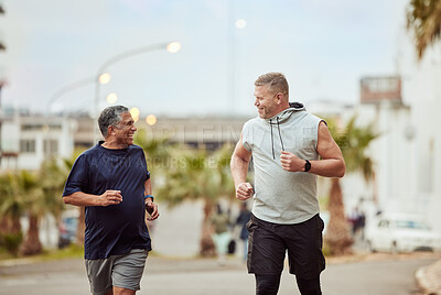 Buy stock photo Running, friends and senior men in city for fitness, healthy lifestyle and outdoor wellness. Happy mature males, urban training and exercise in street for energy, power and sports workout together 