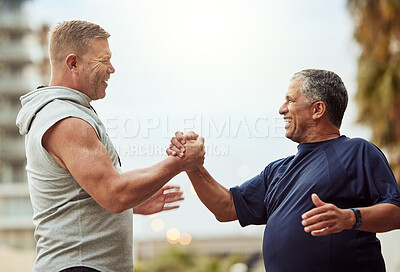 Buy stock photo Old man, fitness and people handshake for health, lose weight or wellness thank you, support and accountability training, exercise or workout. Community friends, sports trust or teamwork hands shake