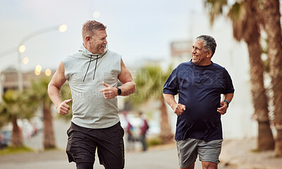 Buy stock photo Running, men and fitness teamwork in city street, healthy lifestyle or outdoor wellness. Happy senior male friends, urban neighborhood exercise and training for energy, power or body workout together
