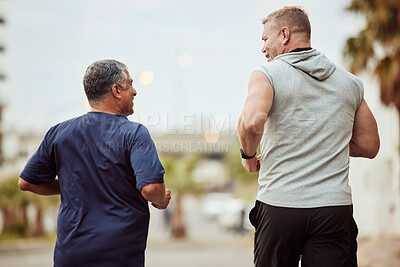 Buy stock photo Back view, friends and fitness men in city, healthy lifestyle and outdoor performance. Senior males, running exercise and urban marathon training in neighborhood street for energy, power and sports