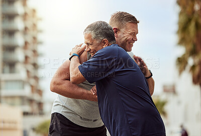Buy stock photo Fitness, hug and senior friends or people with lose weight support, accountability and love in urban city training, exercise or workout. Wellness, community and men with sports trust and thank you