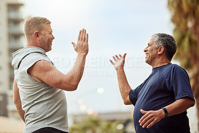Buy stock photo High five, hand shake and senior friends in the city outdoor for a workout, exercise or running. Teamwork, motivation and success with a mature man and friend in celebration of a training goal