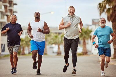 Buy stock photo Fitness, running and teamwork with senior friends in city for stamina, cardio or endurance training. Sport, jogging and goal with group of men runner sprinting in town for workout, exercise or health