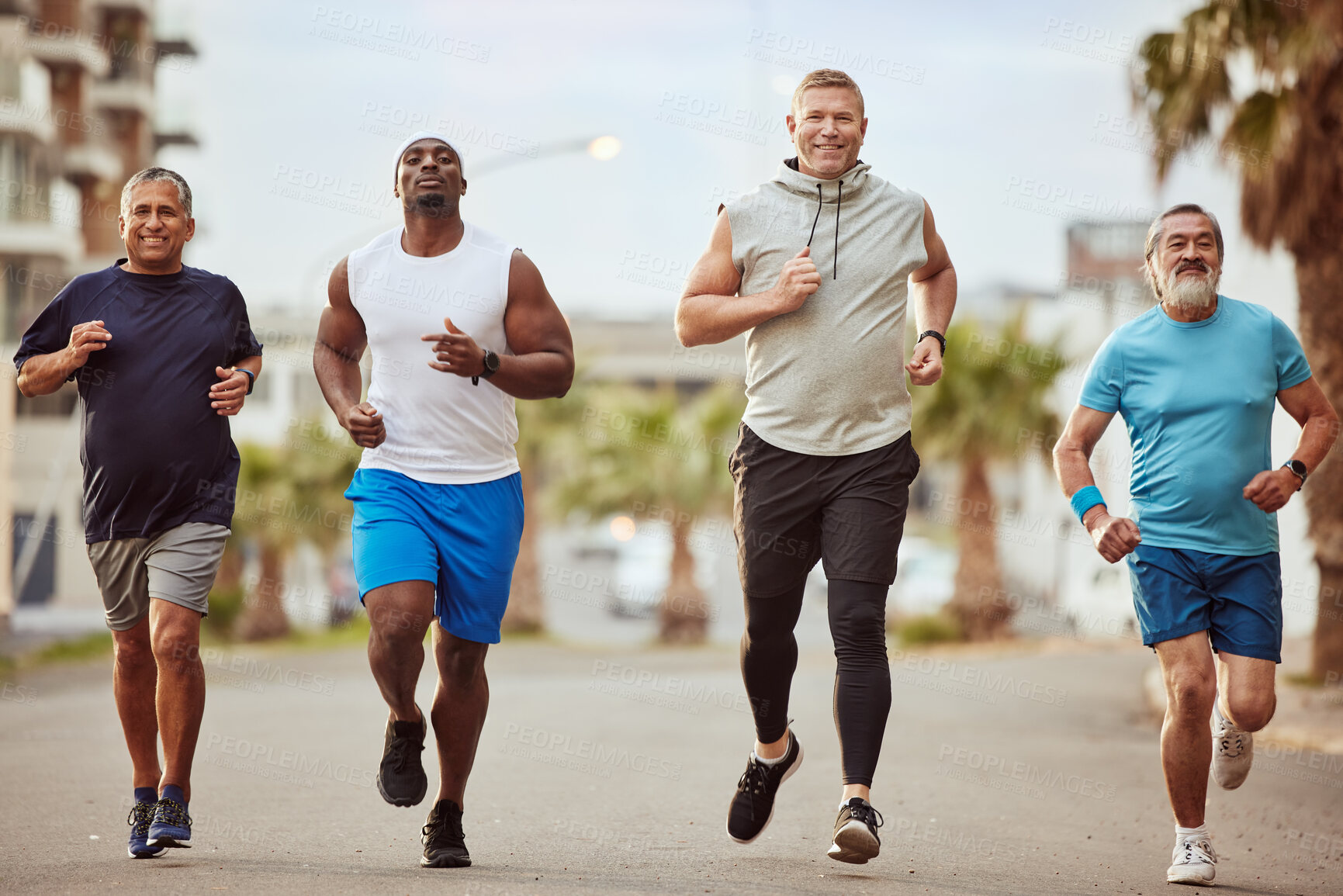 Buy stock photo Fitness, running and teamwork with senior friends in city for stamina, cardio or endurance training. Sport, jogging and goal with group of men runner sprinting in town for workout, exercise or health