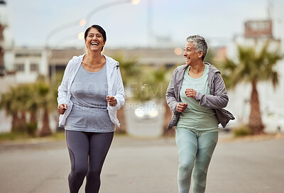 Buy stock photo Fitness, city or friends running in a marathon challenge with sports performance goals on urban city street. Happy, runners or healthy senior women in a cardio workout, fun training or body exercise