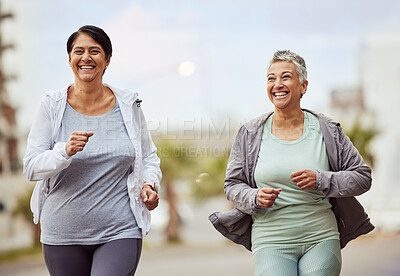 Buy stock photo Fitness, city or senior friends running in a marathon challenge with sports performance goals on urban city street. Happy, runners or healthy mature women in cardio workout, training or body exercise