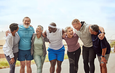 Buy stock photo Fitness, senior group of people and smile outdoor together for exercise motivation, retirement health support and diversity on training workout. Elderly athletes, happiness hug and sports friends 