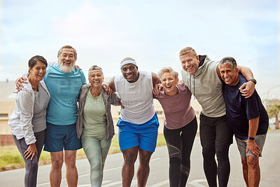 Buy stock photo Fitness, portrait and group of friends in city ready for training, workout or exercise. Face, sports and teamwork of senior people together with coach outdoors preparing for exercising, jog or cardio