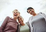 Senior women, outdoor exercise and laughing for fitness, workout and support on mockup sky background. Low angle, elderly female group and sports friends excited for community wellness and freedom 
