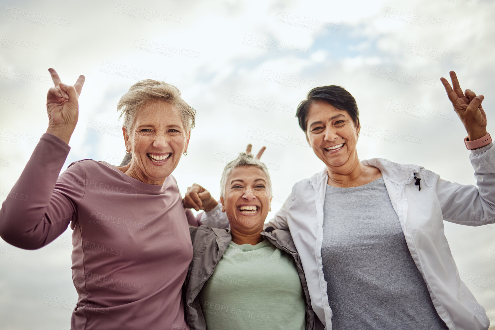 Buy stock photo Senior, friends and portrait of women after workout posing for picture excited by exercise or fitness training. Peace sign, gesture and old people happy and laughing in support of wellness