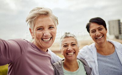 Buy stock photo Selfie, senior women and happy exercise group excited for outdoor workout. Portrait of elderly female friends, sports and wellness for healthy retirement, fitness and happiness in diversity community