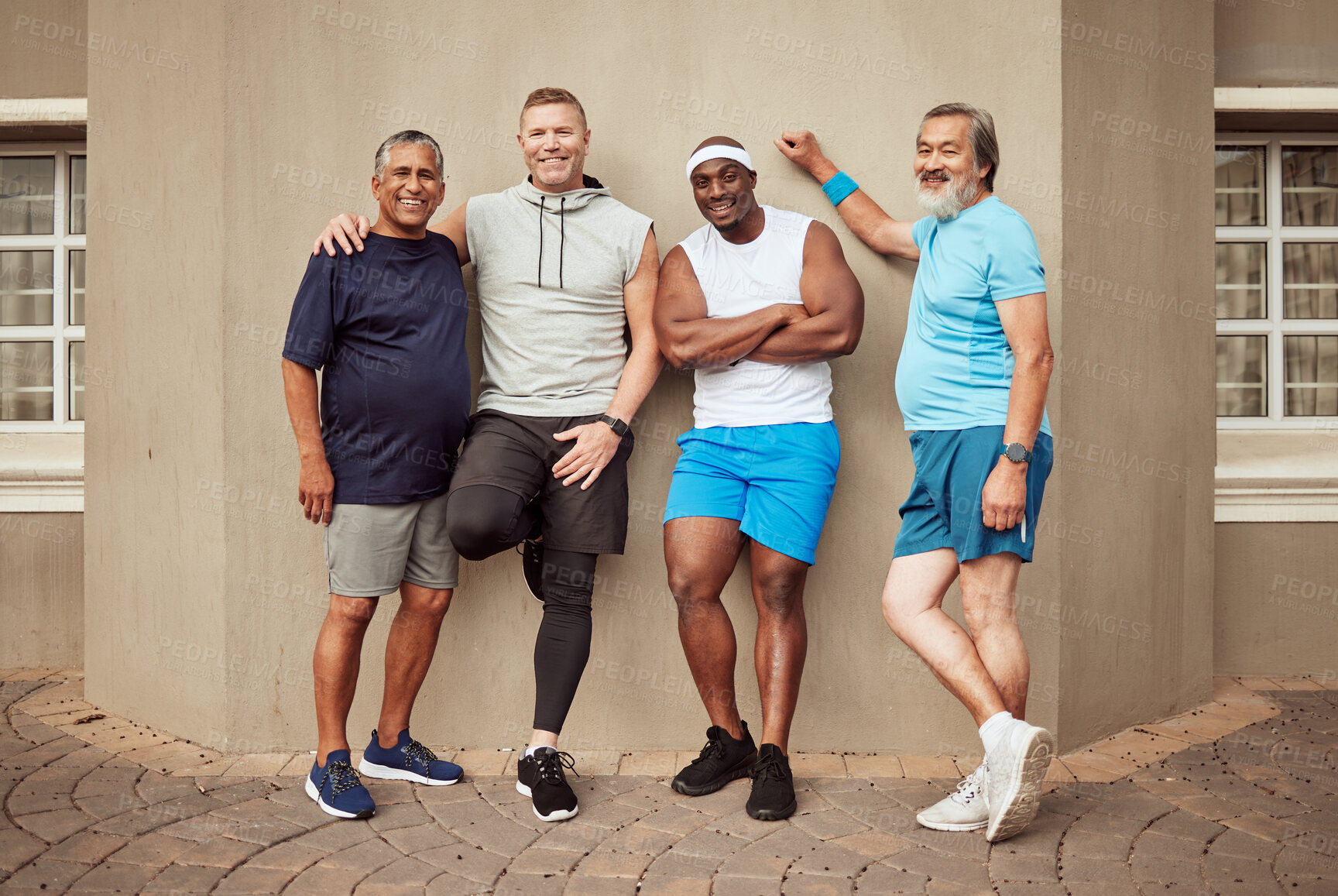 Buy stock photo Happy men, fitness portrait and group exercise on wall background in urban city. Smile, sports training and male friends with motivation for workout, wellness support and energy for healthy lifestyle