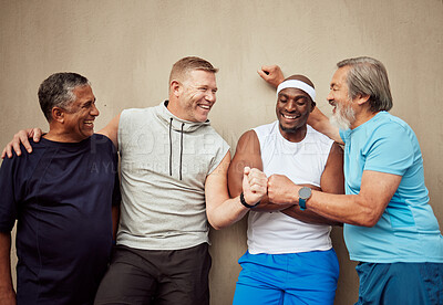 Buy stock photo Happy, fitness or friends fist bump with goals bonding after workout, training or running exercise. Motivation, mature runners or healthy group of senior men with support or target ready for running 