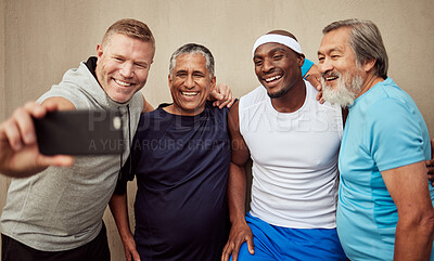 Buy stock photo Happy men, phone selfie and exercise group with motivation of fitness on wall background. Smile, sports and male friends taking photograph together in community workout, wellness support or diversity