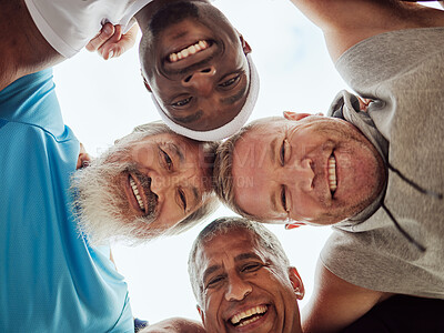 Buy stock photo Team building, happy or friends with fitness goals, trust or hope bonding in training, exercise or workout. Low angle, partnership or healthy group of senior, elderly or mature sports men portrait