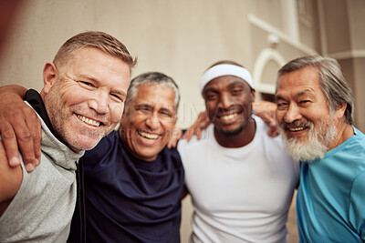 Buy stock photo Senior men, fitness and smile portrait outdoor together for exercise motivation, retirement health support and diversity on training workout. Elderly athletes, happiness and sports friends wellness 