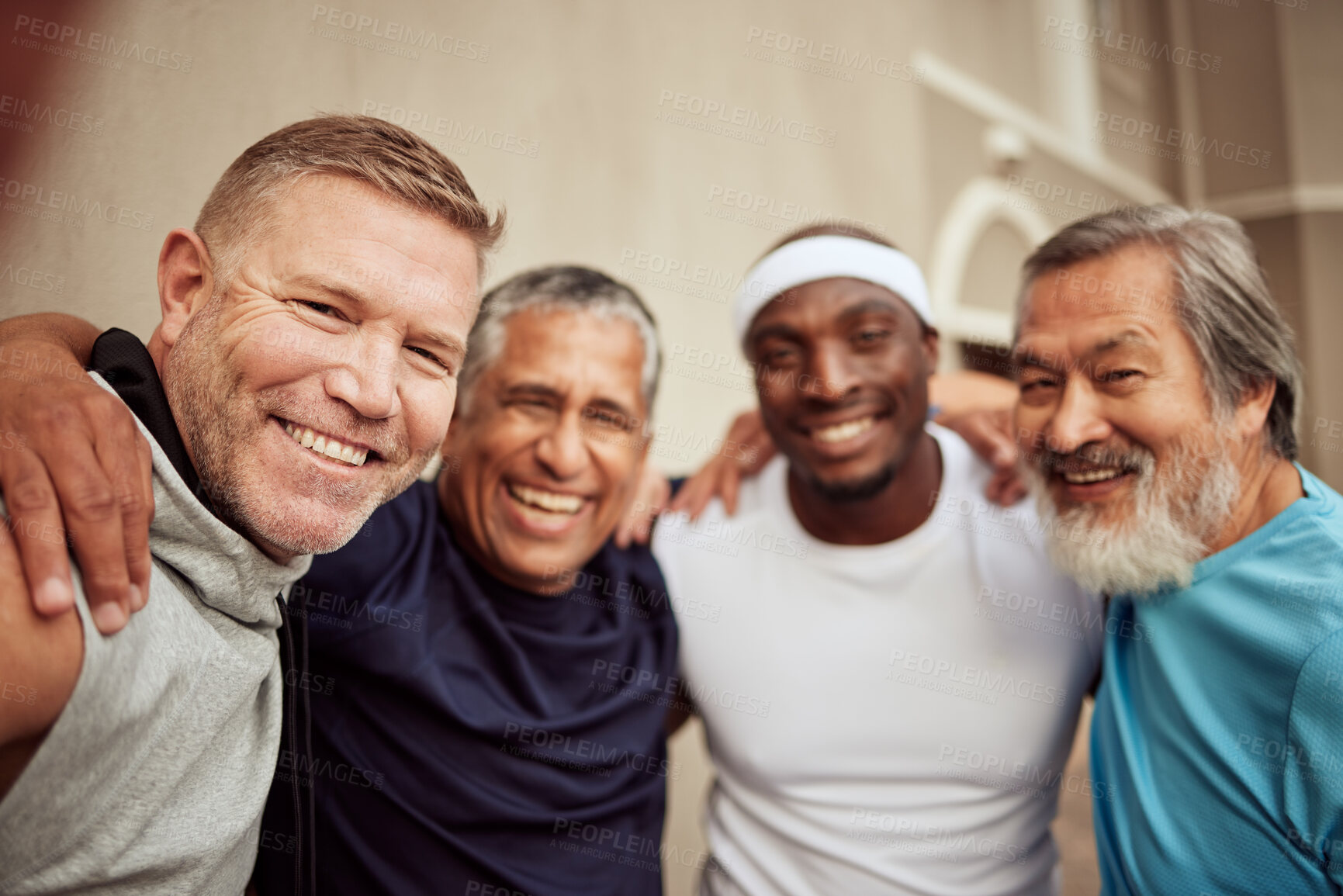 Buy stock photo Senior men, fitness and smile portrait outdoor together for exercise motivation, retirement health support and diversity on training workout. Elderly athletes, happiness and sports friends wellness 