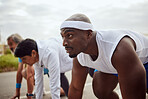 Runner, fitness or black man ready to start running exercise, cardio workout or sports exercise. Focus, wellness or healthy African male athlete thinking of mission target, vision or running goals